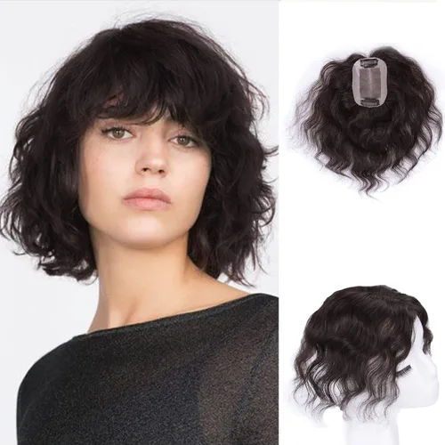 Vista 13 de Extensiones de cabello humano con base monofónica tejida a mano, 7 pulgadas, cabello ondulado corto, 2.8 x 3.9 in, parte libre, área pequeña De
