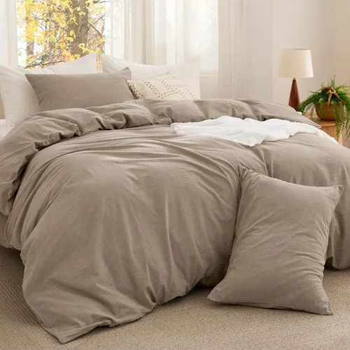 Vista 10 de Bedsure Juego de edredón de tamaño matrimonial, tela de algodón con relleno interior de microfibra, juego de cama suave PureWoven rosa claro