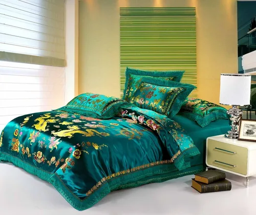 Vista 5 de LELVA Juego de funda de edredón con bordado de dragón y pájaro fénix, 4 piezas (Queen)