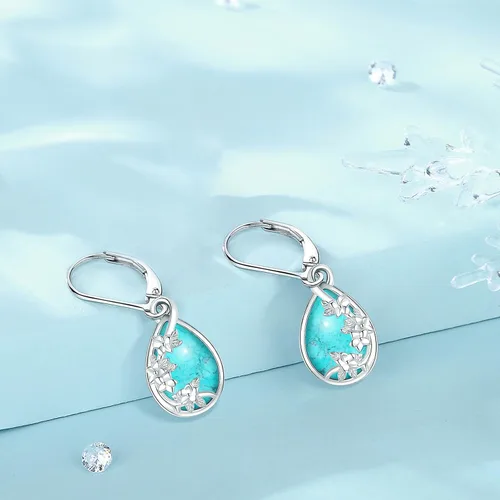 Vista 70 de Aretes colgantes de plata de ley con diseño de árbol de la vida, flor, abeja, animales, gato, colibrí, piedra lunar, turquesa, aretes con cierre