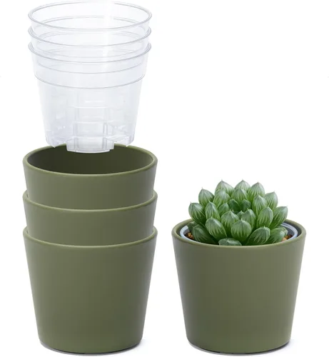 Vista 39 de Phoenix Vine Macetero de plástico verde oliva de 4.5 pulgadas con maceta transparente, cubierta decorativa ligera con maceta interior transparente