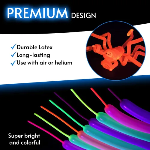Vista 2 de Glow King Globos de neón para atar – Globos de fiesta fluorescentes que brillan en neón para atar animales de globo, suministros de fiesta reactivos