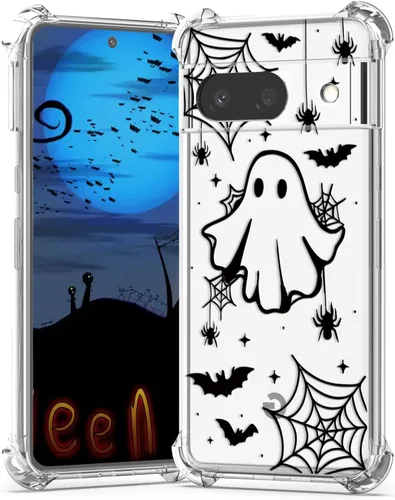 Vista 45 de Funda de Halloween para Google Pixel 6A transparente con diseños de murciélagos fantasmas, funda para teléfono para niñas, elegante, delgada, a