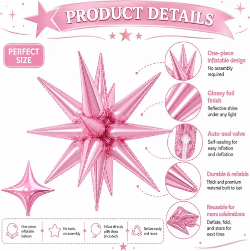 Vista 3 de 18 globos de estrella rosa, globo rosa bebé con 6 globos de estrella en explosión de 22 pulgadas, 12 globos de aluminio de cuatro estrellas