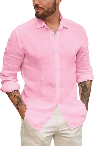 Vista 10 de Mens Button Down Linen Cotton Long Sleeve Shirts Casual Summer Tops 1 Negro