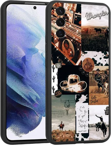 Vista 7 de Funda compatible con Samsung Galaxy S22, funda protectora de TPU suave a prueba de golpes de piel de vaca occidental turquesa y marrón con estampado