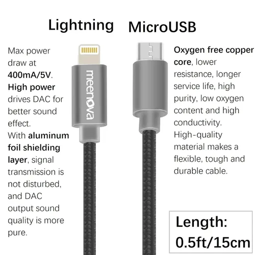 Vista 5 de Meenova Cable OTG DAC de 8 pines a MicroUSB para iPhone/iPad/iPod Chord Mojo Hugo2 Pha3 Fiio HiFi Oppo HA2 K5, Sony MDR-1ADAC, Mezclador Roland GO