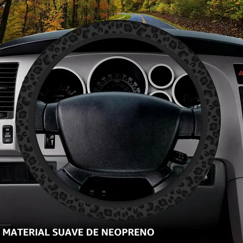 Vista 3 de KARREAL Funda de volante con estampado de leopardo negro y 2 piezas de posavasos para automóvil, material de goma de neopreno, accesorios