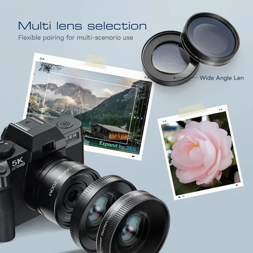 Vista 4 de Cámara digital 5K para fotografía, cámara de vlogging WiFi de 64MP con doble lente y pantalla abatible de 180°, zoom 16X, kit de cámara de apuntar
