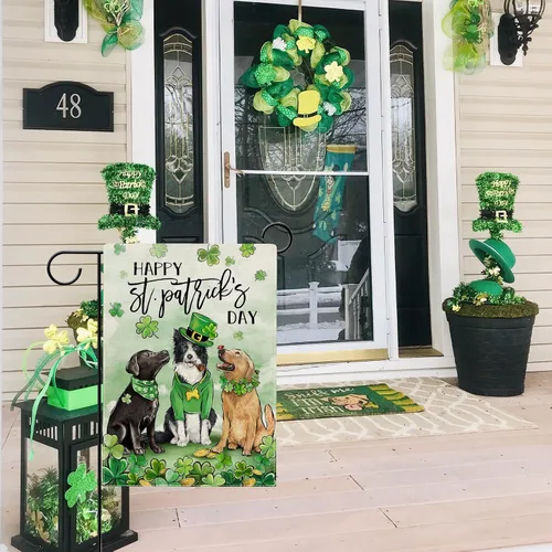 Vista 5 de Hzppyz Bandera de jardín con diseño de perros del Día de San Patricio, de doble cara, trébol de trébol dorado para cachorros, decoración pequeña