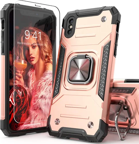 Vista 15 de Funda protectora ligera para iPhone Xs con protector de pantalla, absorción de golpes, resistente a prueba de caídas con soporte para automóvil