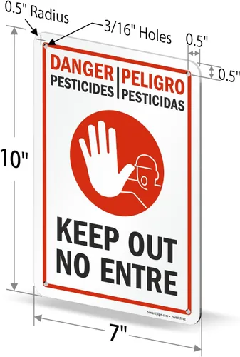 Vista 2 de SmartSign Cartel bilingüe "Danger - Pesticidas, Keep Out, Peligro - Pesticidas, No Entre", impresión digital, plástico HDPE de 55 mil, rojo, negro