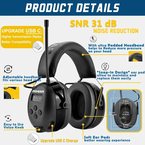 Vista 4 de PROHEAR 033 - Auriculares con radio AM/FM Bluetooth 5.4 - Batería recargable USB C de 2000mAh - Auriculares con radio para protección auditiva