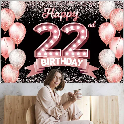 Vista 182 de Cartel de feliz cumpleaños décimo oro rosa, telón de fondo, saludos a 10 años, globos de confeti, decoración temática para niñas de 10 años