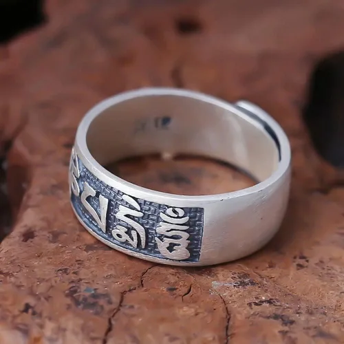 Vista 3 de JUNTEN Anillo de plata de ley 925 budista tibetana Om Mani Padme Hum Mantra para hombres y mujeres, anillos abiertos de 0.315in de ancho ajustables