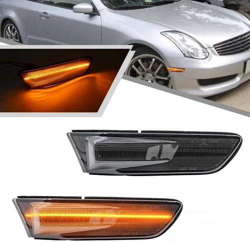 Vista 9 de 2 piezas de luces indicadoras laterales LED ámbar completas para Infiniti G35 coupé Skyline V35 2003-2007, lente transparente, lámpara de señal
