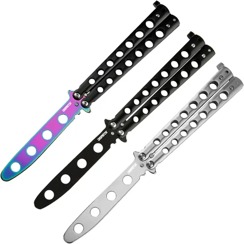 Vista 2 de Dispatch Cuchillo mariposa de entrenamiento Balisong sin afilar con hoja de acero inoxidable, mango 3Cr13 negro (con recortes) y traba