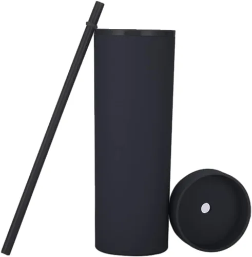Vista 3 de Vasos negros mate con tapas y popotes. Vasos delgados de 16 onzas a granel. Vasos acrílicos de plástico de doble pared pastel para batidos de café