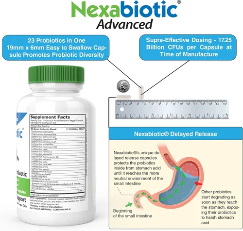 Vista 4 de Suplemento Nexabiotic probiótico, 21 cepas multi-probiótico, suplemento con Lactobacillus acidophilus, Bifidobacterium infantis, Saccharomyces