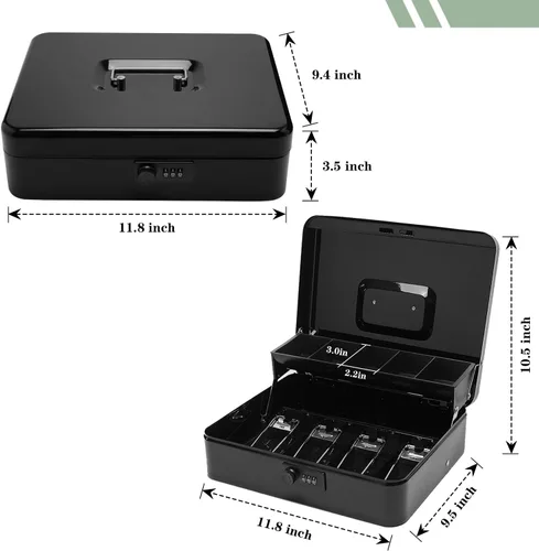 Vista 2 de Caja de efectivo con cerradura de combinación, caja de dinero de metal con bandeja de dinero, caja de bloqueo de efectivo para venta de garaje