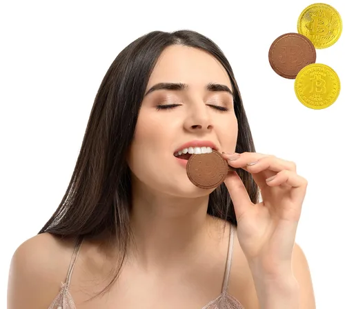 Vista 3 de 25 monedas originales de chocolate cripto Bitcoin, hechas con chocolate belga de primera calidad, sin gluten, sin OMG, lácteos certificados Kosher