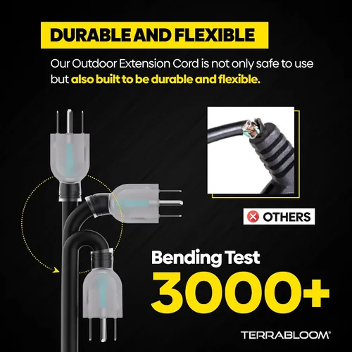 Vista 3 de TerraBloom Cable de extensión resistente 12/3 de 25 pies para exteriores, cable de extensión negro para exteriores, múltiples salidas, goma SJEOW