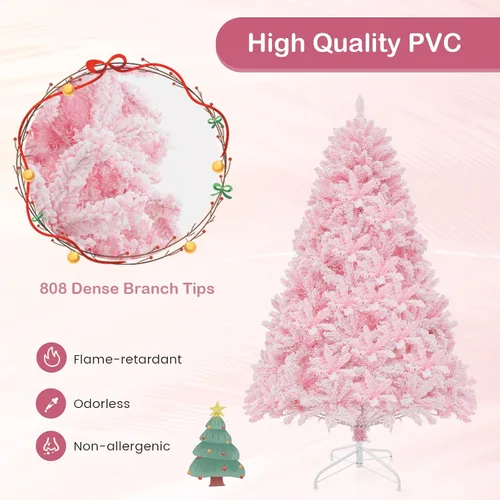 Vista 4 de Goplus Árbol de Navidad artificial preiluminado rosa de 6 pies, árbol de Navidad artificial con bisagras con nieve artificial con 808 puntas