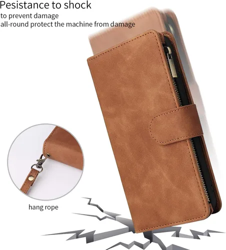 Vista 5 de UEEBAI Funda tipo cartera para iPhone 12 Mini, piel sintética, cierre magnético, correa de mano, múltiples ranuras para tarjetas, soporte de Marrón