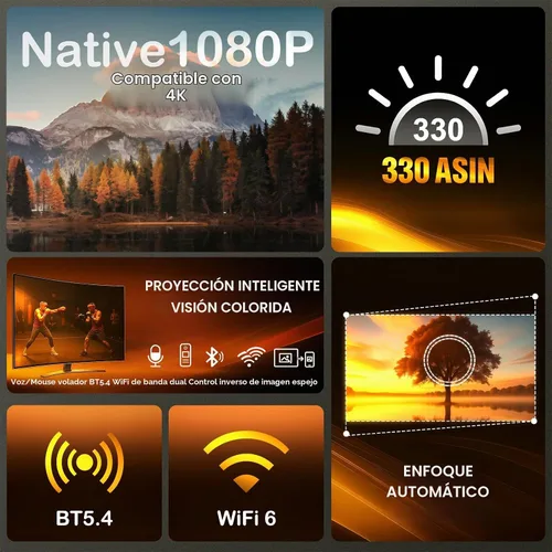 Vista 2 de WOOPKER Mini proyector HY260 Pro actualizado con WiFi y Bluetooth 5.4, enfoque automático/Keystone, soporte nativo 1080P para 4K, control remoto Air