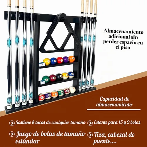 Vista 5 de Soporte para taco de piscina de montaje en pared, estante de madera maciza negro para 8 tacos