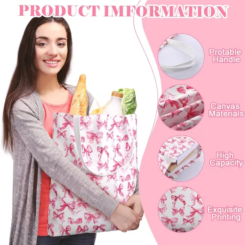 Vista 2 de 9 bolsas de lona con lazo rosa coquette para fiesta, recuerdo, regalo de comestibles, bolsa de compras para regalos de viaje