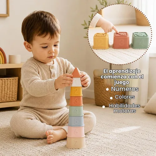 Vista 6 de Tazas Apilables para Bebés, Juguetes de Apilar de Silicona, Torre Educativa de Construcción para Bebés 6M+, Bloques de Construcción Blandos