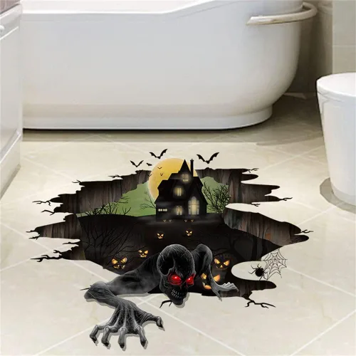 Vista 5 de Calcomanías 3D para techo de piso de Halloween, calcomanías creativas de pared de fantasmas de terror, calcomanías de pared de castillo antiguo
