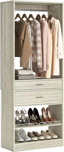 Vista 14 de Unikito Organizador de armario de 25 pulgadas de ancho x 80 pulgadas de alto, con barra para colgar y 2 cajones de madera, zapatero ajustable