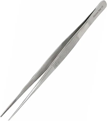 Vista 9 de Pinzas de precisión de acero inoxidable culinario profesional de 6 pulgadas con puntas dentadas, pinzas para servir con detalles de presentación