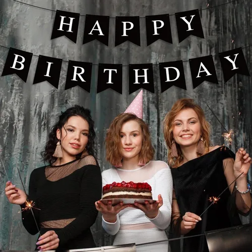 Vista 2 de Hooqict Cartel de feliz cumpleaños negro para telón de fondo, decoraciones de cumpleaños negras para hombres y mujeres, suministros de fiesta