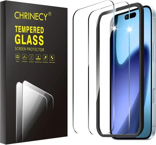 Vista 10 de Paquete de 2 protectores de pantalla para iPhone 17, vidrio templado con marco de alineación, dureza 9H, transparente HD, antiarañazos, sin