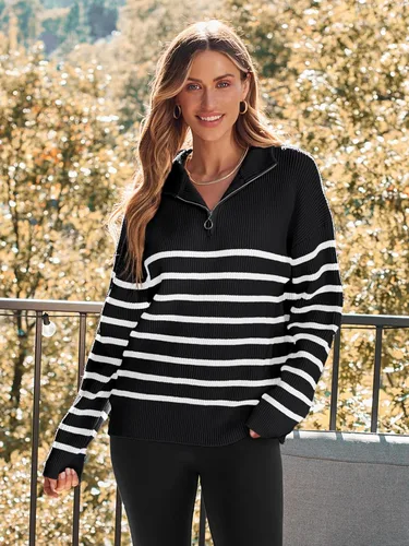 Vista 3 de LILLUSORY Suéter de punto con cuello de rayas con cremallera de un cuarto para mujer, ropa cálida de punto para invierno 2023 a la moda