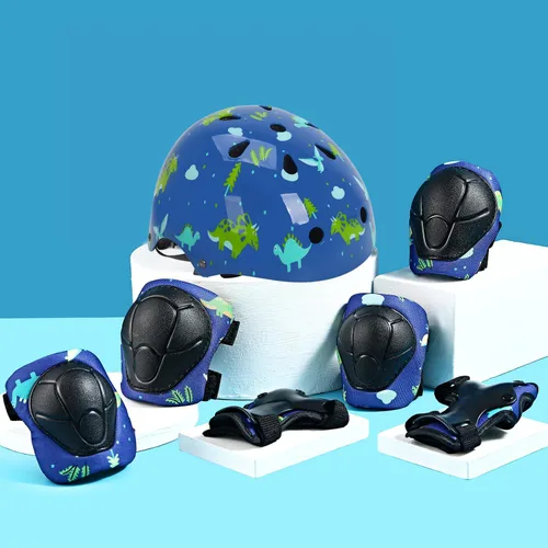 Vista 2 de Casco para niños con rodilleras, coderas y protectores de muñeca, equipo de protección para niños de 3 a 5-8 años para niños y niñas, apto para Azul