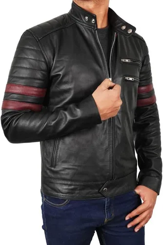 Vista 4 de Chaqueta de cuero de motociclista negra con rayas rojas para hombre