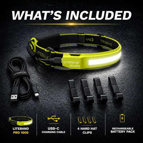 Vista 9 de Liteband PRO Serie 1000 - Linterna frontal personal ajustable de haz ancho, iluminación de 210°, funciona con pilas, se adapta a cascos y cascos