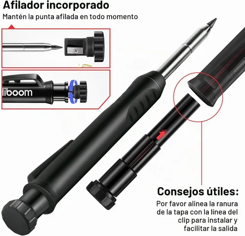 Vista 3 de Hiboom Juego de lápices de carpintero sólido para construcción con 7 recambios con sacapuntas integrado, marcador mecánico de punta larga con Negro