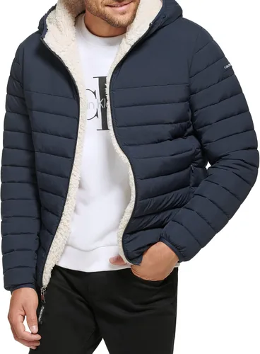 Vista 2 de Calvin Klein Chaqueta de plumón con capucha para hombre, abrigo acolchado, forro de sherpa