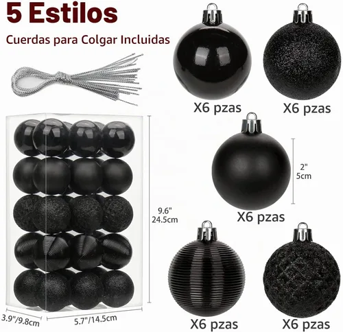 Vista 2 de 30 piezas de adornos de bola de árbol de Navidad irrompibles negros para decoración navideña
