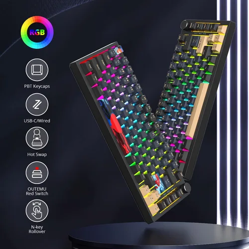 Vista 4 de BlueSamurai 75% Teclado mecánico con cable para juegos - Intercambiable en caliente, interruptor rojo, retroiluminado RGB de 82 teclas TKL