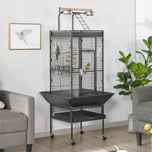 Vista 2 de Jaula para pájaros y accesorios de Yaheetech. Ideal para loros, cacatúas, periquitos., Negro