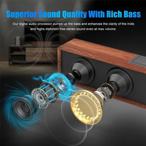 Vista 3 de Altavoces de computadora, altavoz de barra de sonido inalámbrico de madera para escritorio, altavoz de PC con Bluetooth 5.3 y conexión USB con cable