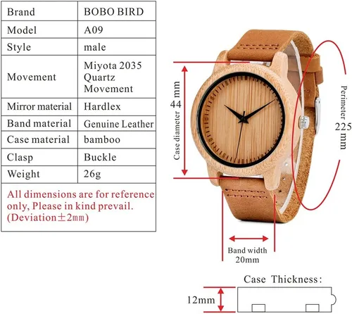Vista 3 de BOBO BIRD Reloj de madera de bambú para hombre y mujer con correa de cuero de vaca marrón, relojes casuales de cuarzo analógico