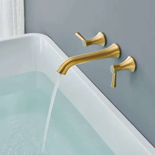 Vista 3 de Llenador de bañera romano de montaje en pared, grifos de bañera de latón dorado cepillado con 2 asas