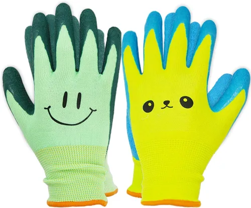 Vista 6 de 2 pares de guantes de jardinería para niños pequeños, guantes de jardín de tamaño infantil para trabajo en el patio, antideslizantes, flexibles